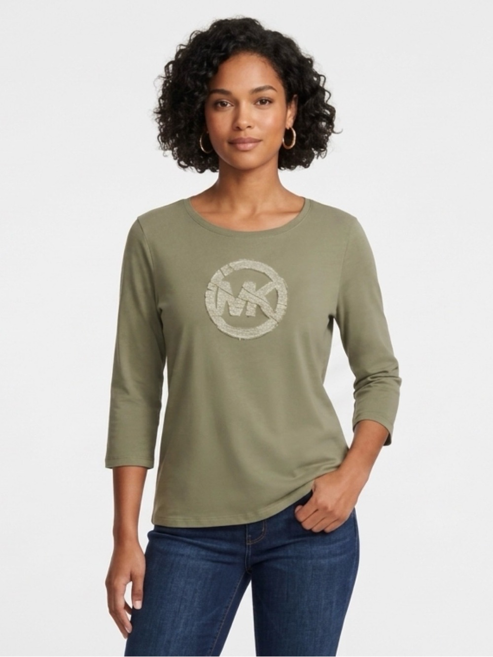 MICHAEL KORS Olive Green 3/4 Sleeve Logo Tee Size Large